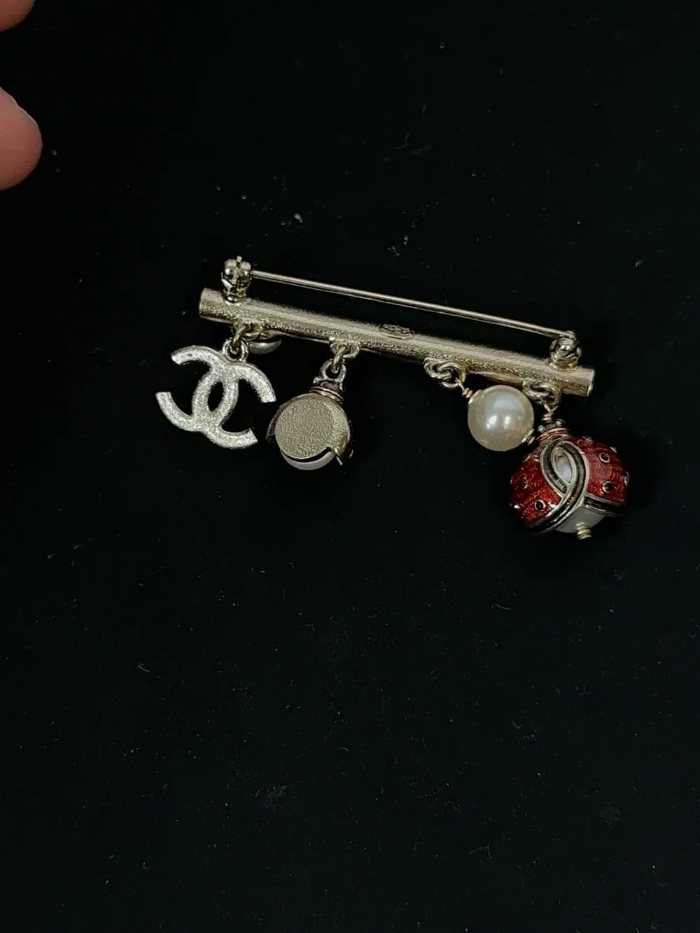 CHANEL Gold-Tone Pearl & Red Enamel Dangle Brooch